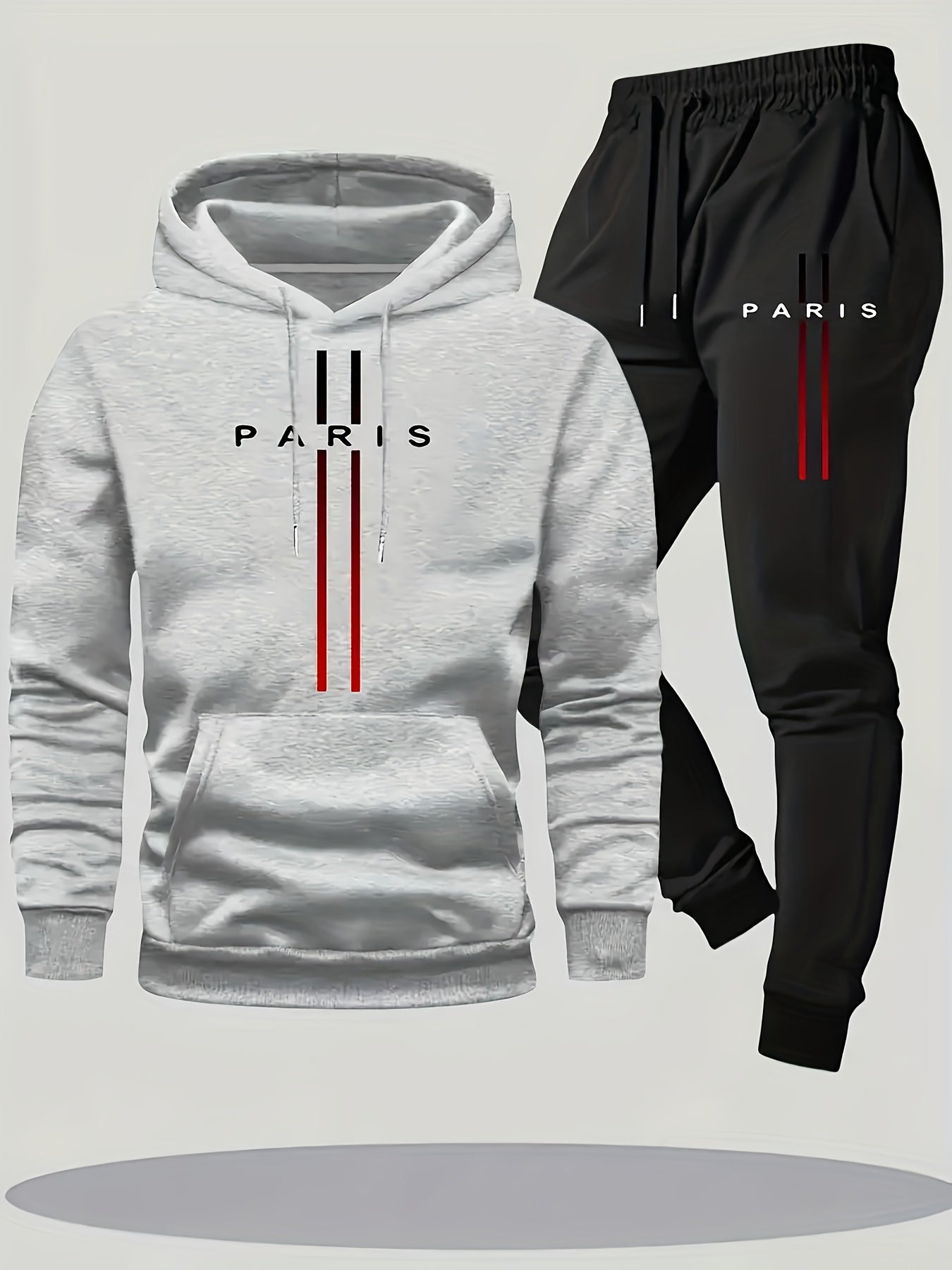 Paris Men'S Casual Fleece - Lined Hoodie and Jogger Set - Stylish Print, Long Sleeve, Kangaroo Pocket, Suitable for Autumn and Winter, Outdoor Sports Warmth, Daily Wear Home Outfit, Perfect For Outdoor - GoDiscount