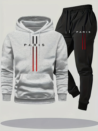 Paris Men'S Casual Fleece - Lined Hoodie and Jogger Set - Stylish Print, Long Sleeve, Kangaroo Pocket, Suitable for Autumn and Winter, Outdoor Sports Warmth, Daily Wear Home Outfit, Perfect For Outdoor - GoDiscount