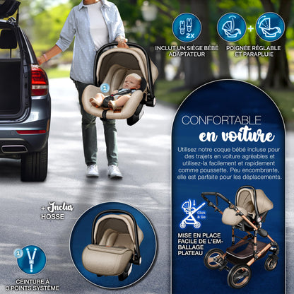 KIDUKU® 3 in 1 complete set XXL, sports seat and car seat, solid rubber tires, diaper bag and accessories, ECE R129 standard - GoDiscount