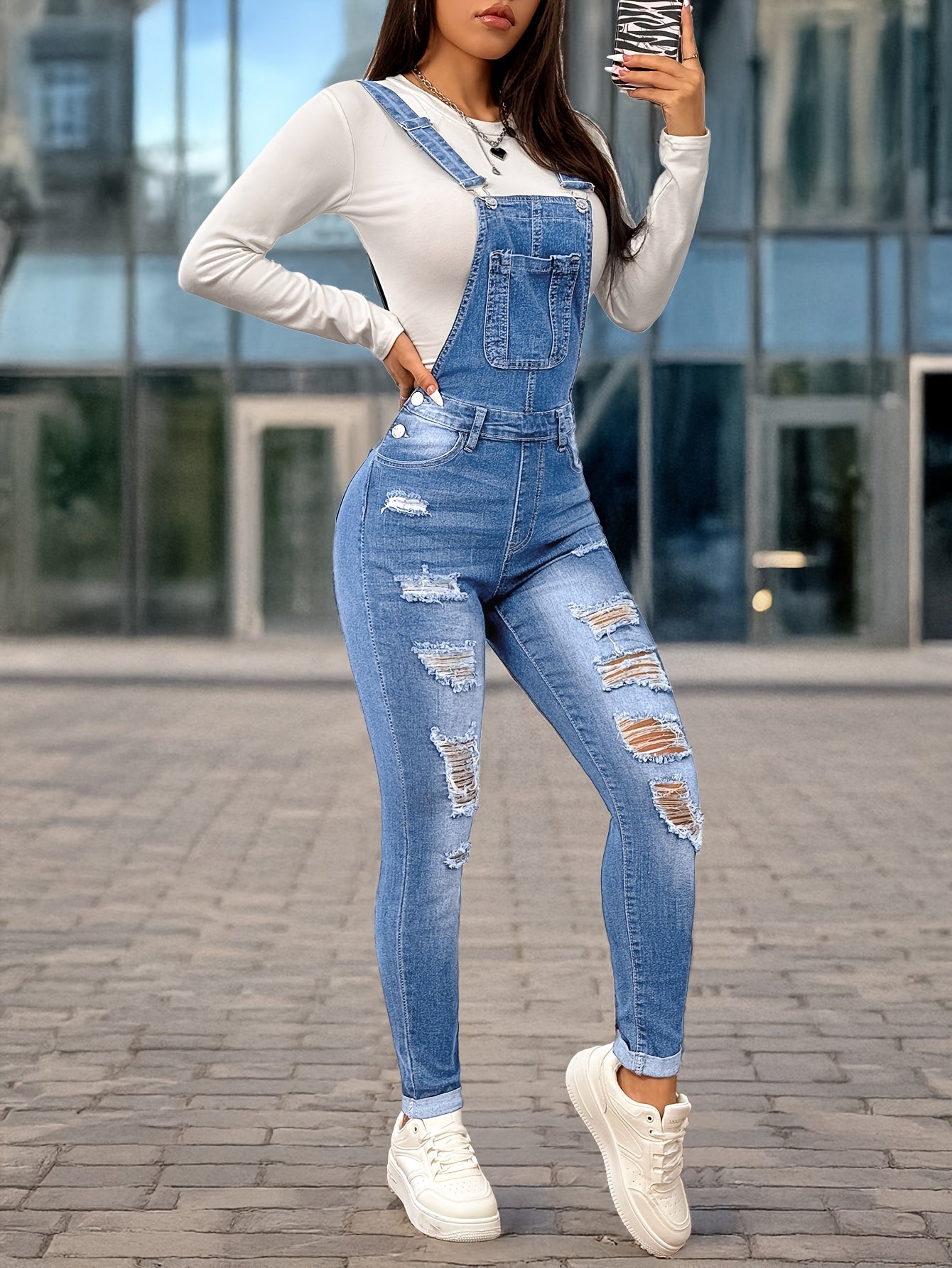 Women'S Casual Denim Overalls & Long Sleeve Top - Stretch Washed Blue with Distressed Details, Adjustable Straps, and Pockets, Perfect for Spring/Summer/Fall, Spring Summer Fashion | Distressed Denim Look | Medium Stretch Fab - GoDiscount
