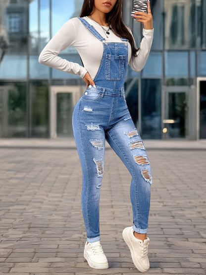 Women'S Casual Denim Overalls & Long Sleeve Top - Stretch Washed Blue with Distressed Details, Adjustable Straps, and Pockets, Perfect for Spring/Summer/Fall, Spring Summer Fashion | Distressed Denim Look | Medium Stretch Fab - GoDiscount