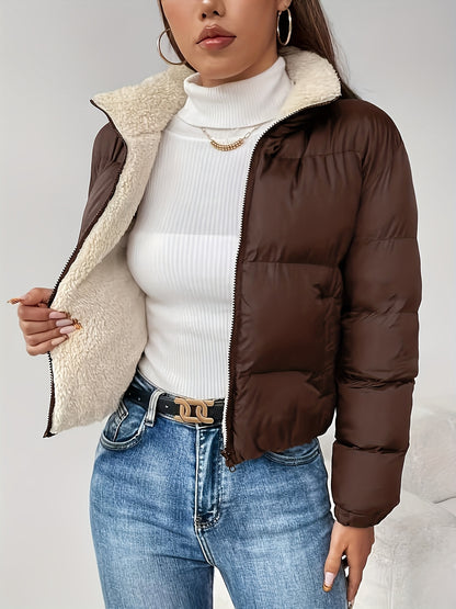 Women's Winter Warm Padded Jacket - Elegant Short Coat with Padding, Thickened Cold - Resistant Outer, Hand Washable Short Length for Dresses/Skirts (Solid Color Casual & Special Occasion Outerwear) - GoDiscount