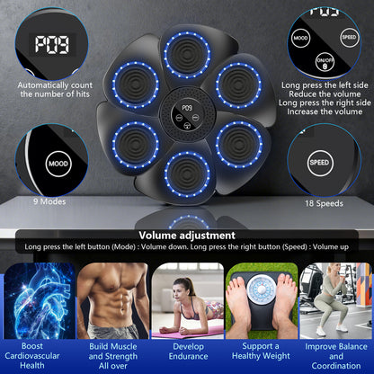 Smart Music Boxing Machine, LED Electronic Music Boxing Machine with 2 Boxing Gloves, 18 Speeds, 9 Adjustable Modes, Wall - Mounted Boxing Machine Target, Automatic Counting, Christmas Gift for Adults and Children Exercise - GoDiscount