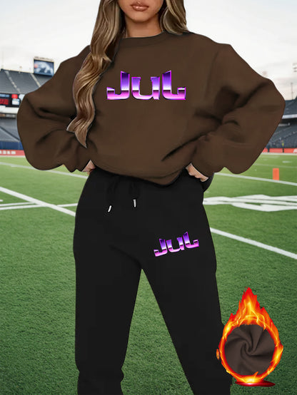 2pcs Women's Y2K - Inspired Oversized Sweatsuit Set - Purple & White Tie - Dye J - Letter Print Joggers & Oversized Sweater, Round Neck Long Sleeve Tracksuit, Machine Washable Polyester/Elastane (All - Season Casual Outfit) - GoDiscount