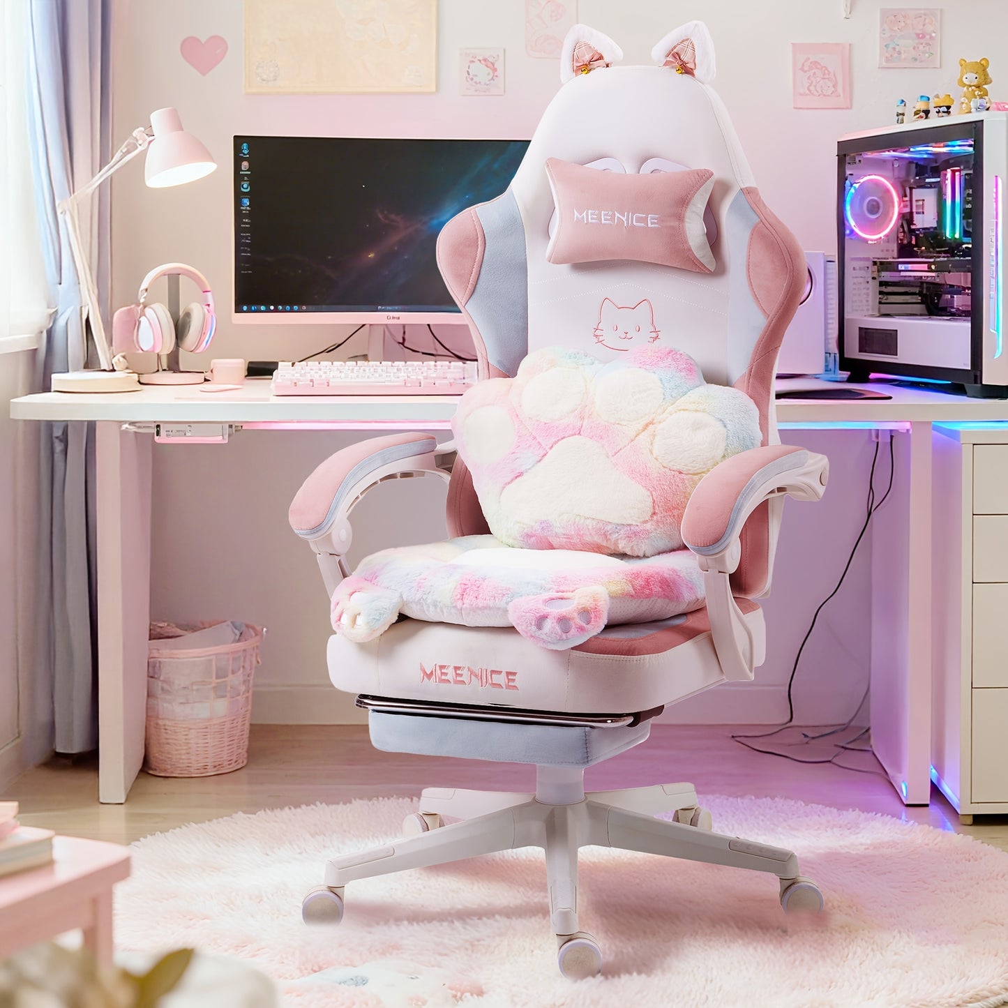 Pink Kawaii Cat Paw Gaming Chair with Cat - Ear Lumbar & Adjustable Footrest - Heavy - Duty 300 Weight Capacity, Ergonomic Office Computer Chair for Women/Girls & Adults, Soft Cushioning, Rocking Mechanism, Handle Adjustment (No - GoDiscount
