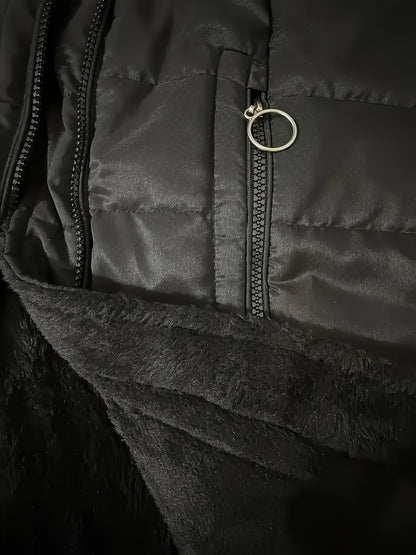 Women's Hooded Jacket - Winter Warmth Full - Zip Long Coat with Hood & - Like Collar, Mid - Length Windproof Outerwear for Skiing, Commuting, Casual Outfits - Machine Washable (Black) - GoDiscount