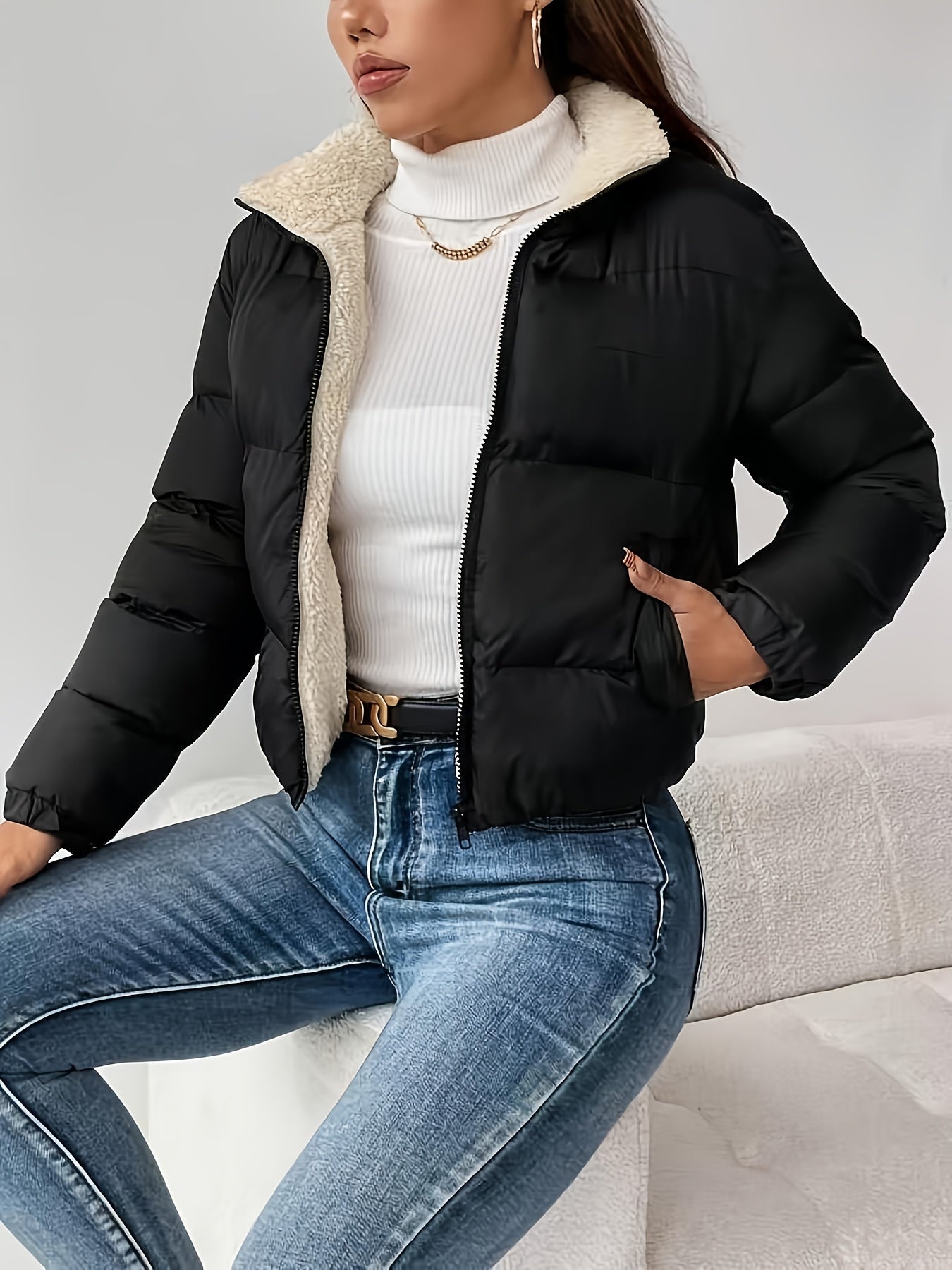 Women's Winter Warm Padded Jacket - Elegant Short Coat with Padding, Thickened Cold - Resistant Outer, Hand Washable Short Length for Dresses/Skirts (Solid Color Casual & Special Occasion Outerwear) - GoDiscount