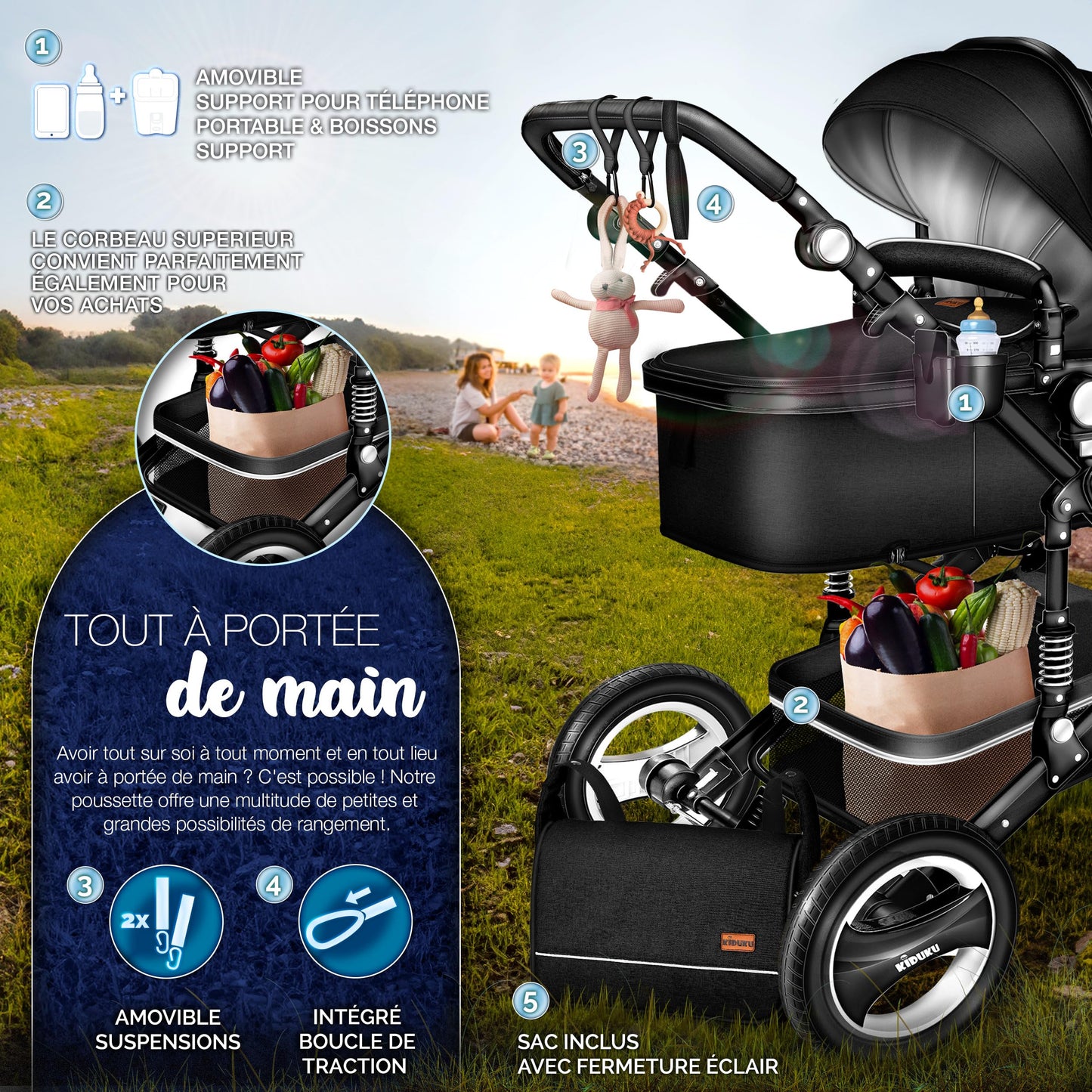 KIDUKU® 3 in 1 complete set XXL, sports seat and car seat, solid rubber tires, diaper bag and accessories, ECE R129 standard