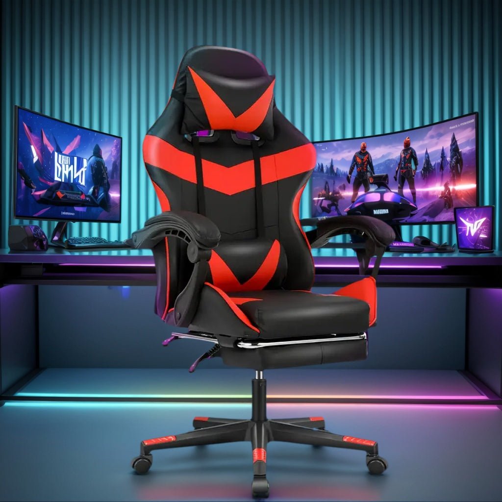 Ergonomic Gaming Chair with Footrest - Heavy - Duty Height - Adjustable Recliner, 360° Swivel & Lumbar Support, Manual Recline Mechanism, Faux - like Texture, Foam Padding & Stainless Steel Frame - PC/Office - GoDiscount
