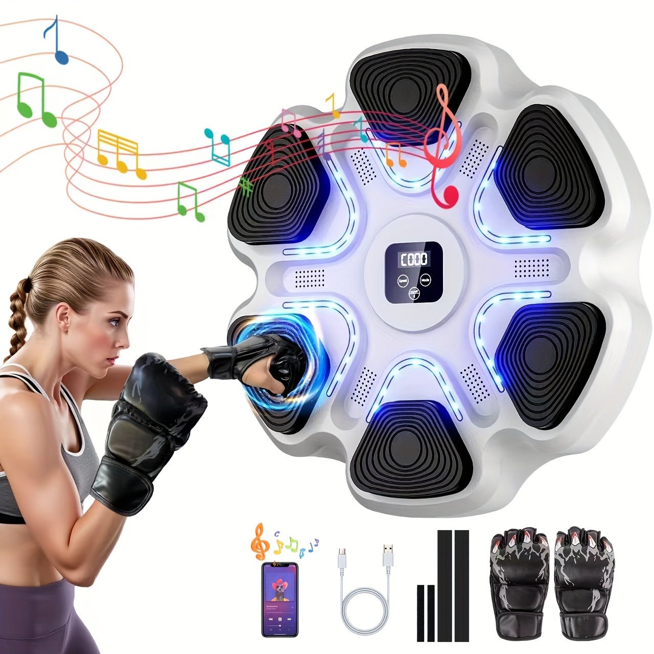 Music Boxing Machine with Boxing Gloves, Boxing Machine Wall Mounted Music, Smart Boxing Equipment, Boxing Music Workout Machine, 9 Modes Speeds - GoDiscount