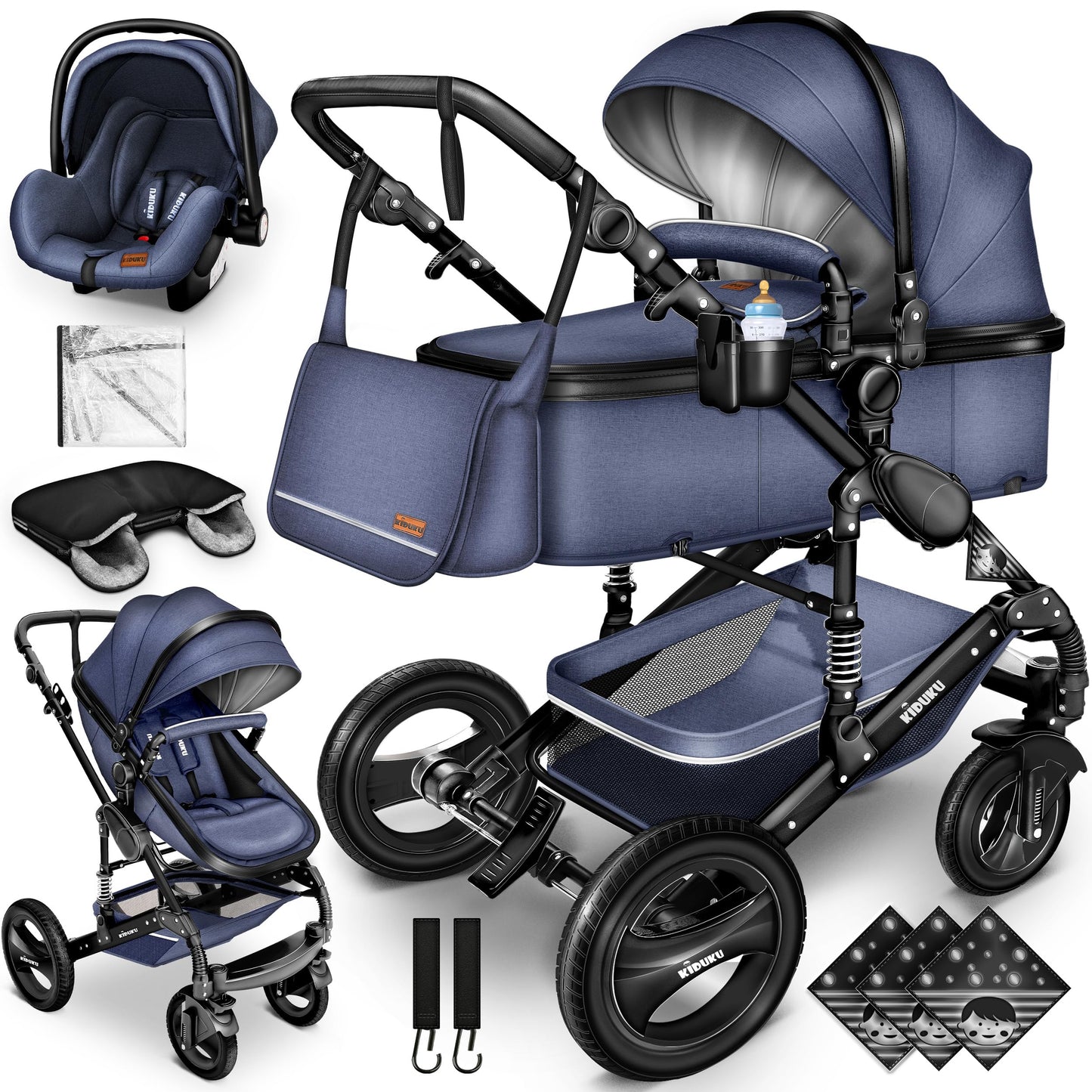 KIDUKU® 3 in 1 complete set XXL, sports seat and car seat, solid rubber tires, diaper bag and accessories, ECE R129 standard