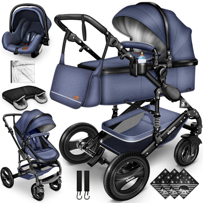KIDUKU® 3 in 1 complete set XXL, sports seat and car seat, solid rubber tires, diaper bag and accessories, ECE R129 standard