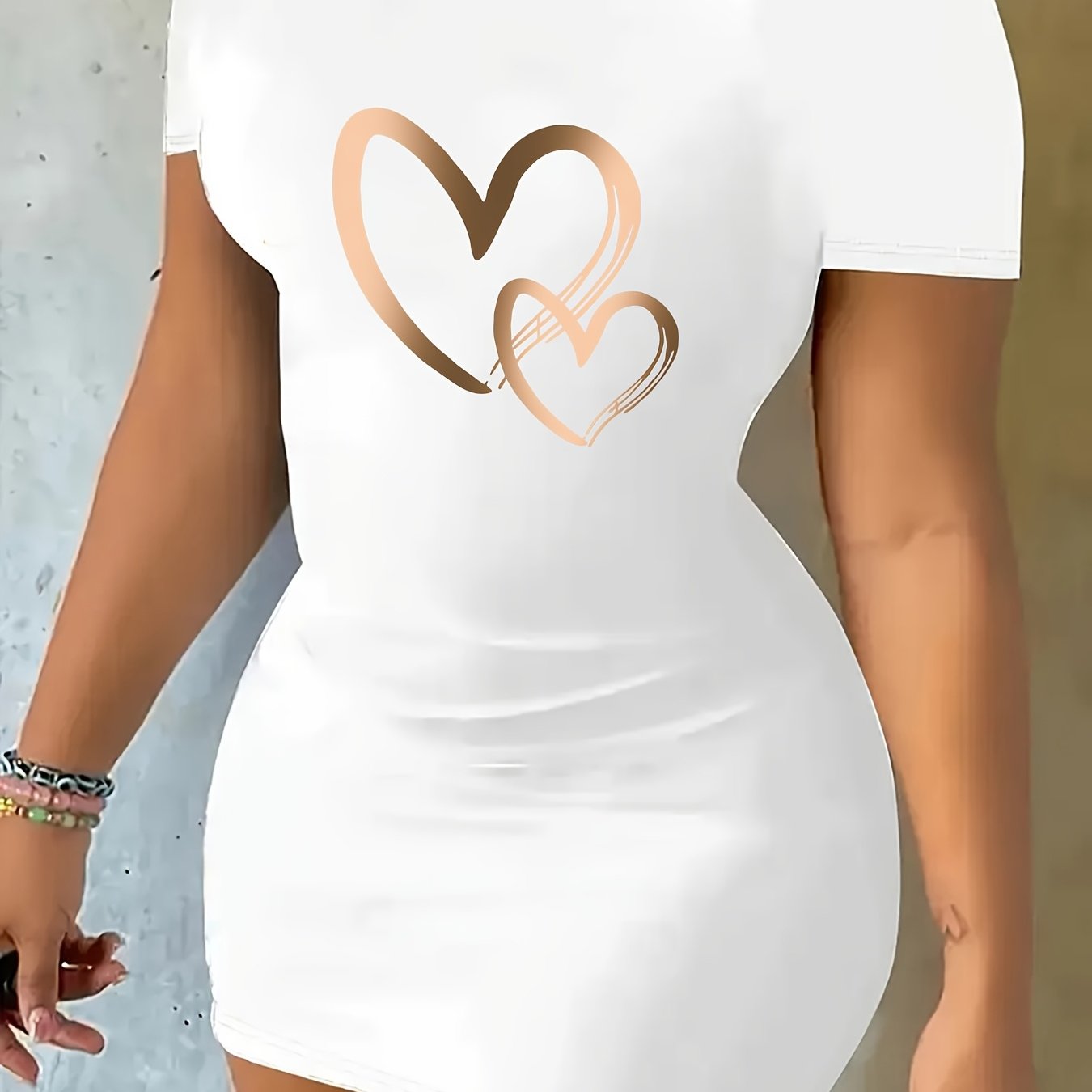 Women's Sporty Geometric Heart Print Dress - Stretchy Round Neck Short Sleeve, Machine Washable All - Season Casual & Athletic Wear, Easy Maintenance Clothing, Comfortable Fit - GoDiscount