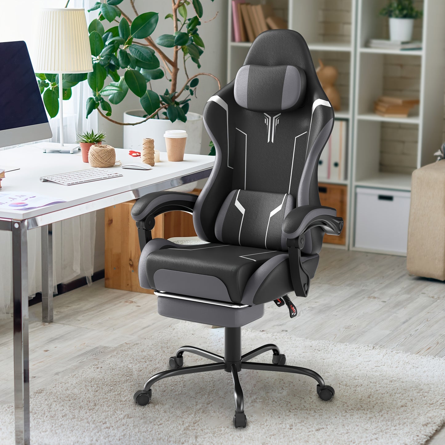 Ergonomic Gaming Chair with Massage Function, Height Adjustable Lumbar & Headrest, 360° Swivel Tilt Back (90° - 155°), Footrest - Heavy - Duty PU Office Computer Chair for, for all - Day - GoDiscount