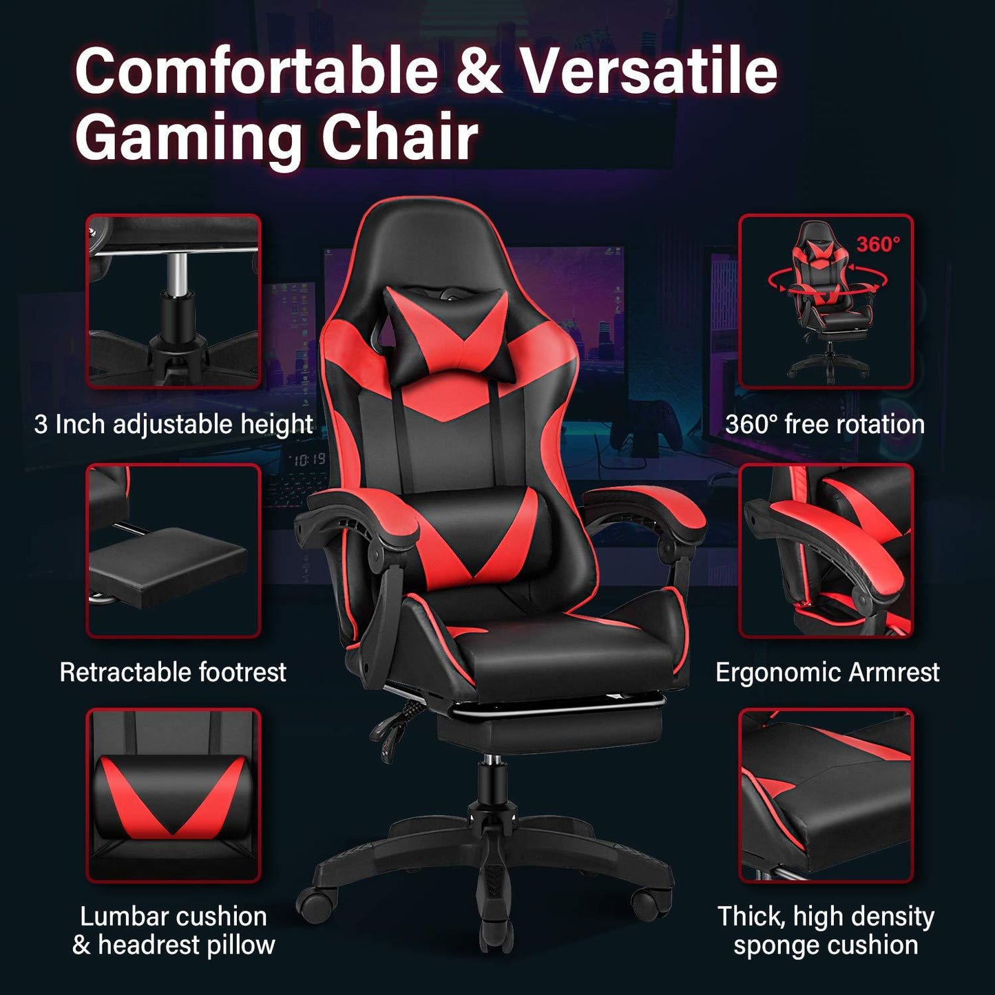 Ergonomic Gaming Chair with Footrest - Heavy - Duty Height - Adjustable Recliner, 360° Swivel & Lumbar Support, Manual Recline Mechanism, Faux - like Texture, Foam Padding & Stainless Steel Frame - PC/Office - GoDiscount