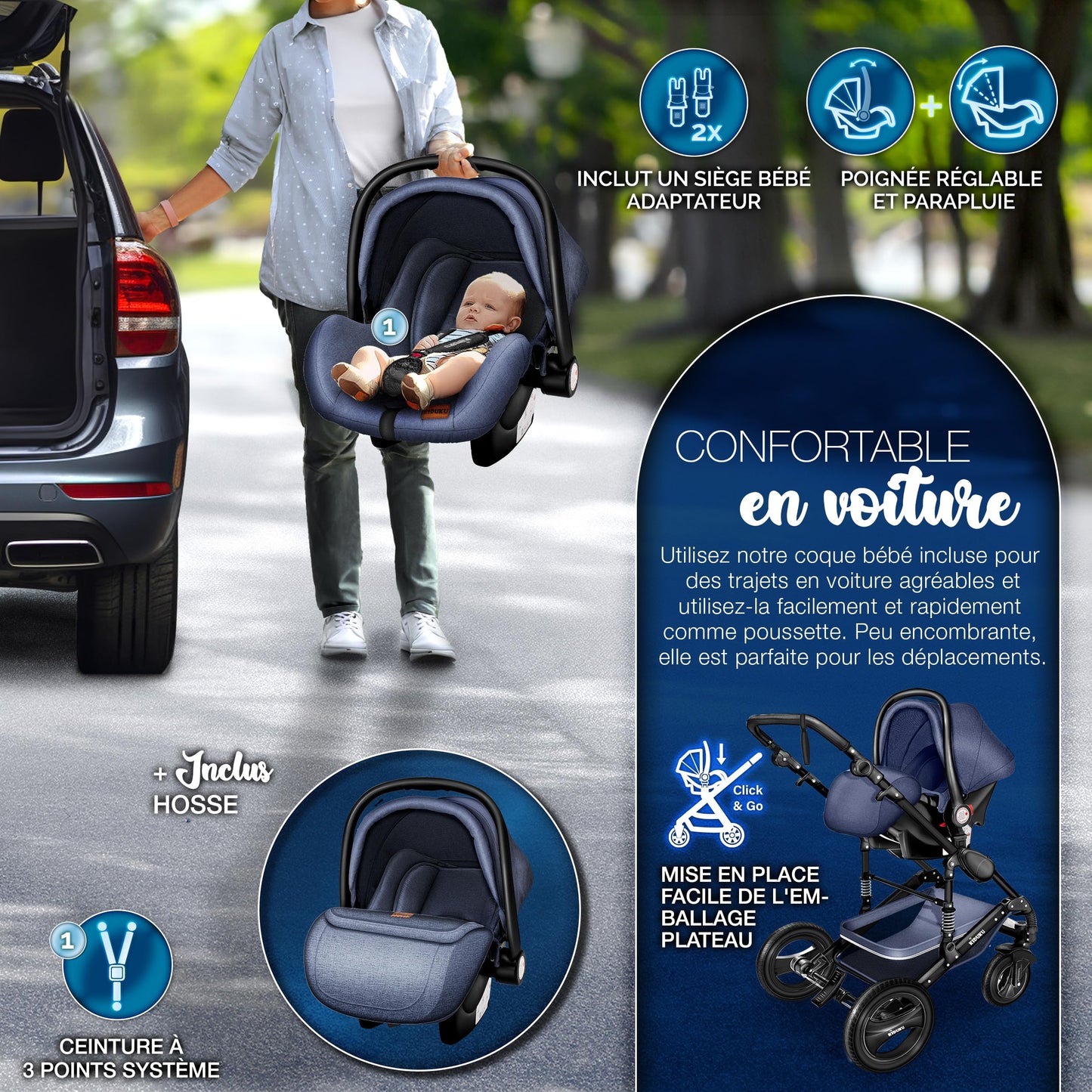 KIDUKU® 3 in 1 complete set XXL, sports seat and car seat, solid rubber tires, diaper bag and accessories, ECE R129 standard