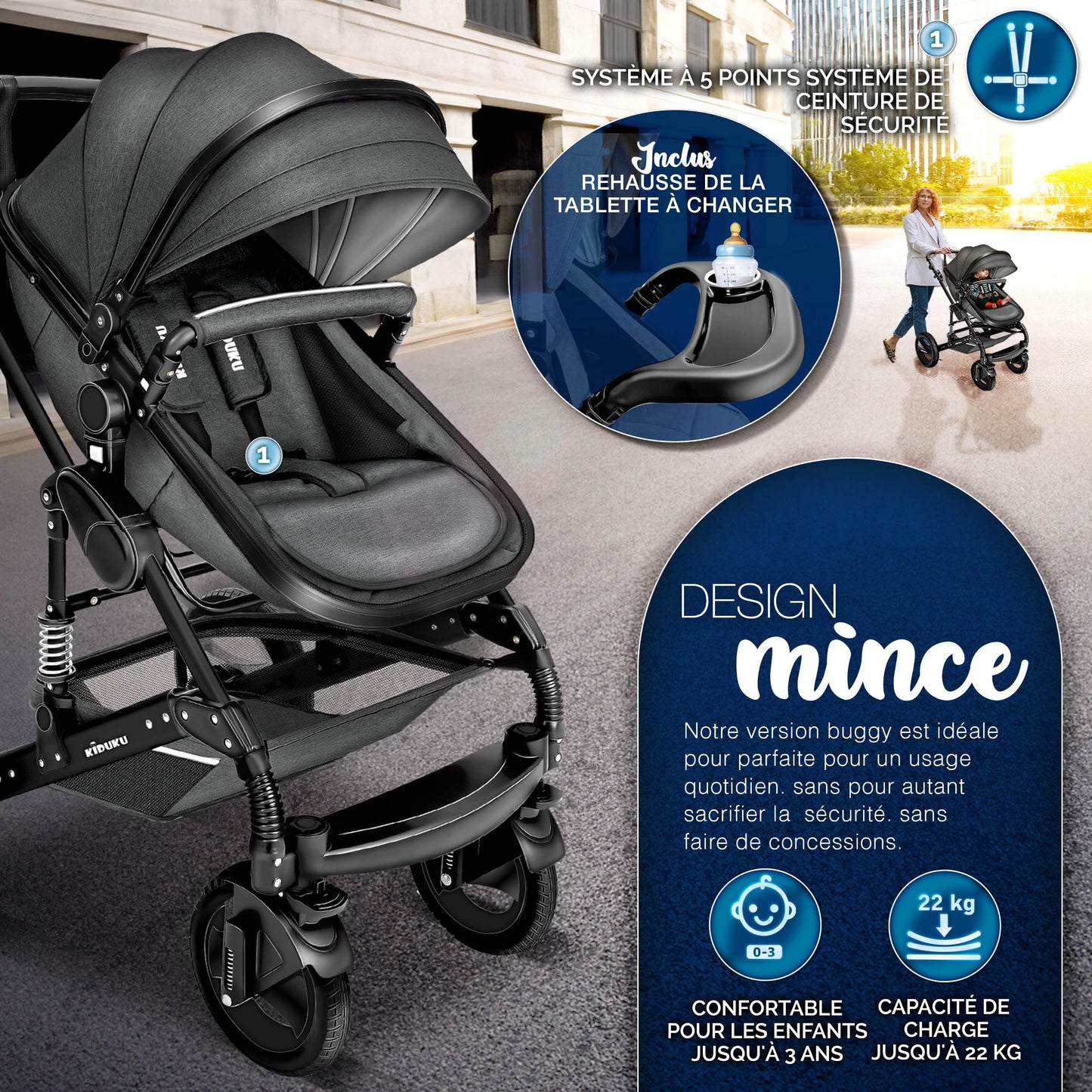 KIDUKU® 3 in 1 complete set XXL, sports seat and car seat, solid rubber tires, diaper bag and accessories, ECE R129 standard
