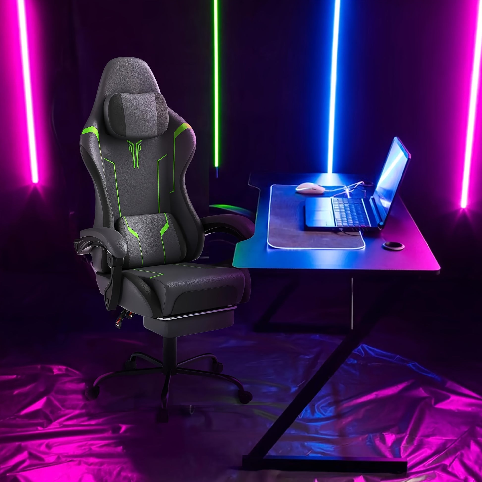 Ergonomic Gaming Chair with Massage Function, Height Adjustable Lumbar & Headrest, 360° Swivel Tilt Back (90° - 155°), Footrest - Heavy - Duty PU Office Computer Chair for, for all - Day - GoDiscount