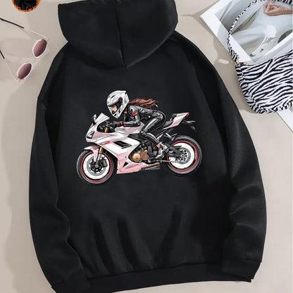 Women'S Motorcycle Graphic Hoodie - Red Casual Sporty Pullover with Back Print, Long Sleeves, and Pockets, Perfect for Casual Attire, Motorcycle Riding Gear - GoDiscount