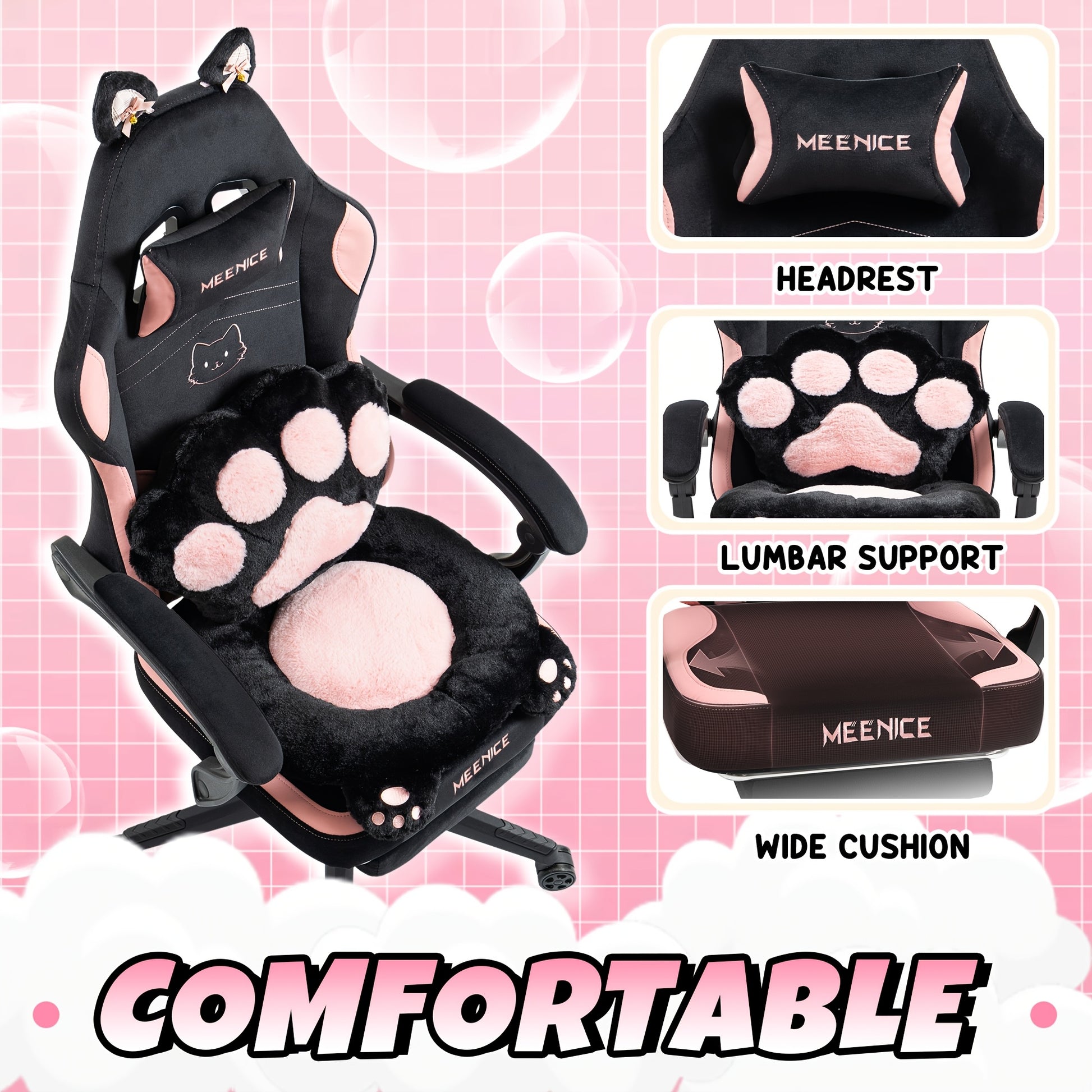 Pink Kawaii Cat Paw Gaming Chair with Cat - Ear Lumbar & Adjustable Footrest - Heavy - Duty 300 Weight Capacity, Ergonomic Office Computer Chair for Women/Girls & Adults, Soft Cushioning, Rocking Mechanism, Handle Adjustment (No - GoDiscount