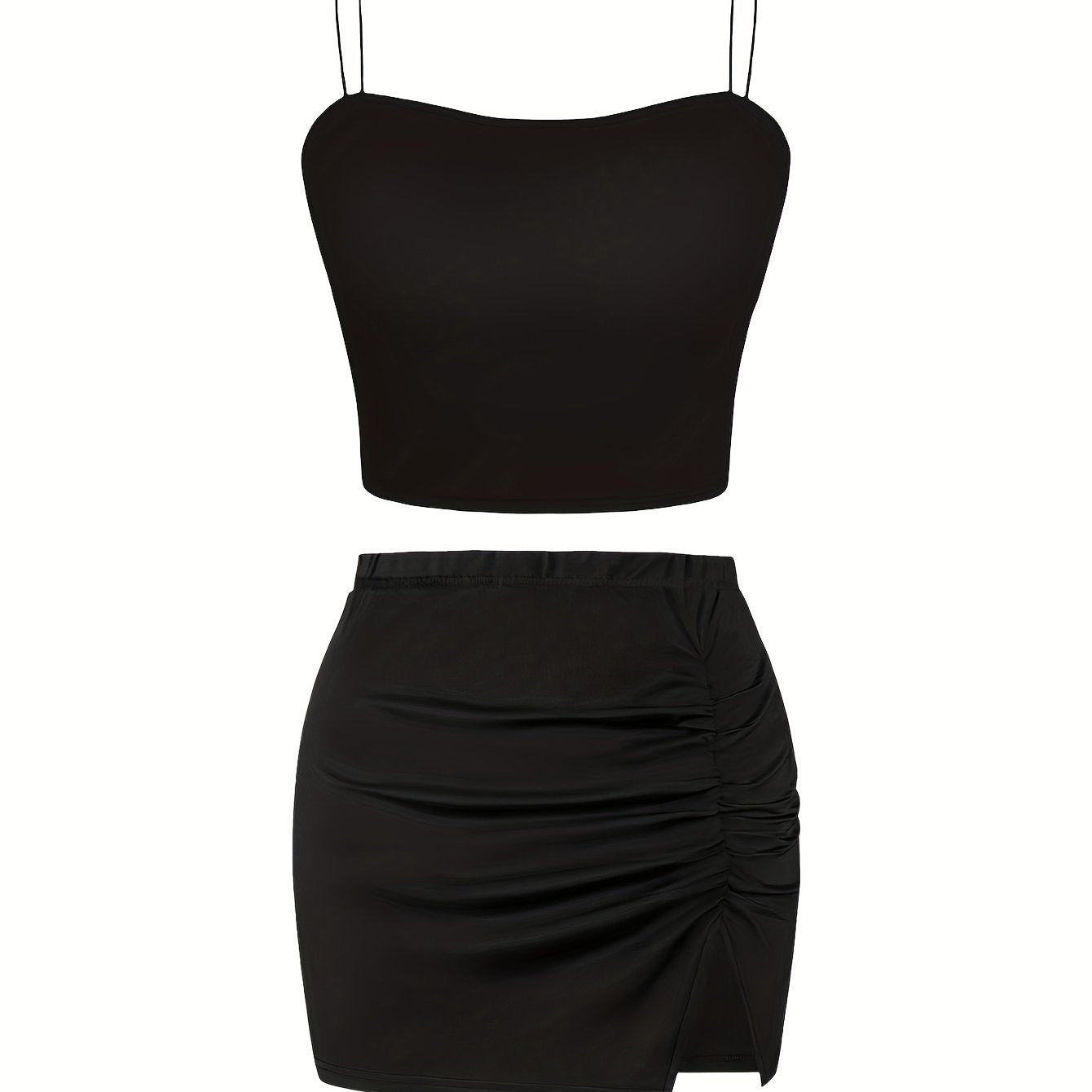 Sexy Women'S Suit, Fashionable And Versatile Solid Color Slit Bodycon Skirt And Thin Strap Camisole Top 2pcs Set, Slim And Sexy Suit, Suitable for Dinner Party Lovers, Off Shoulder Top Xx, Strapless Bra/top, Crop Singlet, Wom - GoDiscount