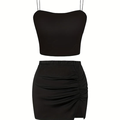 Sexy Women'S Suit, Fashionable And Versatile Solid Color Slit Bodycon Skirt And Thin Strap Camisole Top 2pcs Set, Slim And Sexy Suit, Suitable for Dinner Party Lovers, Off Shoulder Top Xx, Strapless Bra/top, Crop Singlet, Wom - GoDiscount
