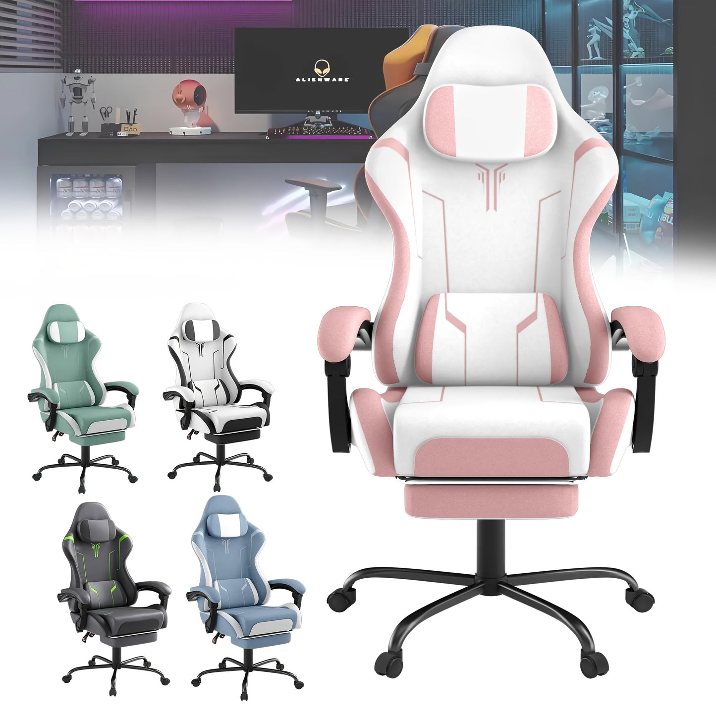 Ergonomic Gaming Chair with Massage Function, Height Adjustable Lumbar & Headrest, 360° Swivel Tilt Back (90° - 155°), Footrest - Heavy - Duty PU Office Computer Chair for, for all - Day - GoDiscount