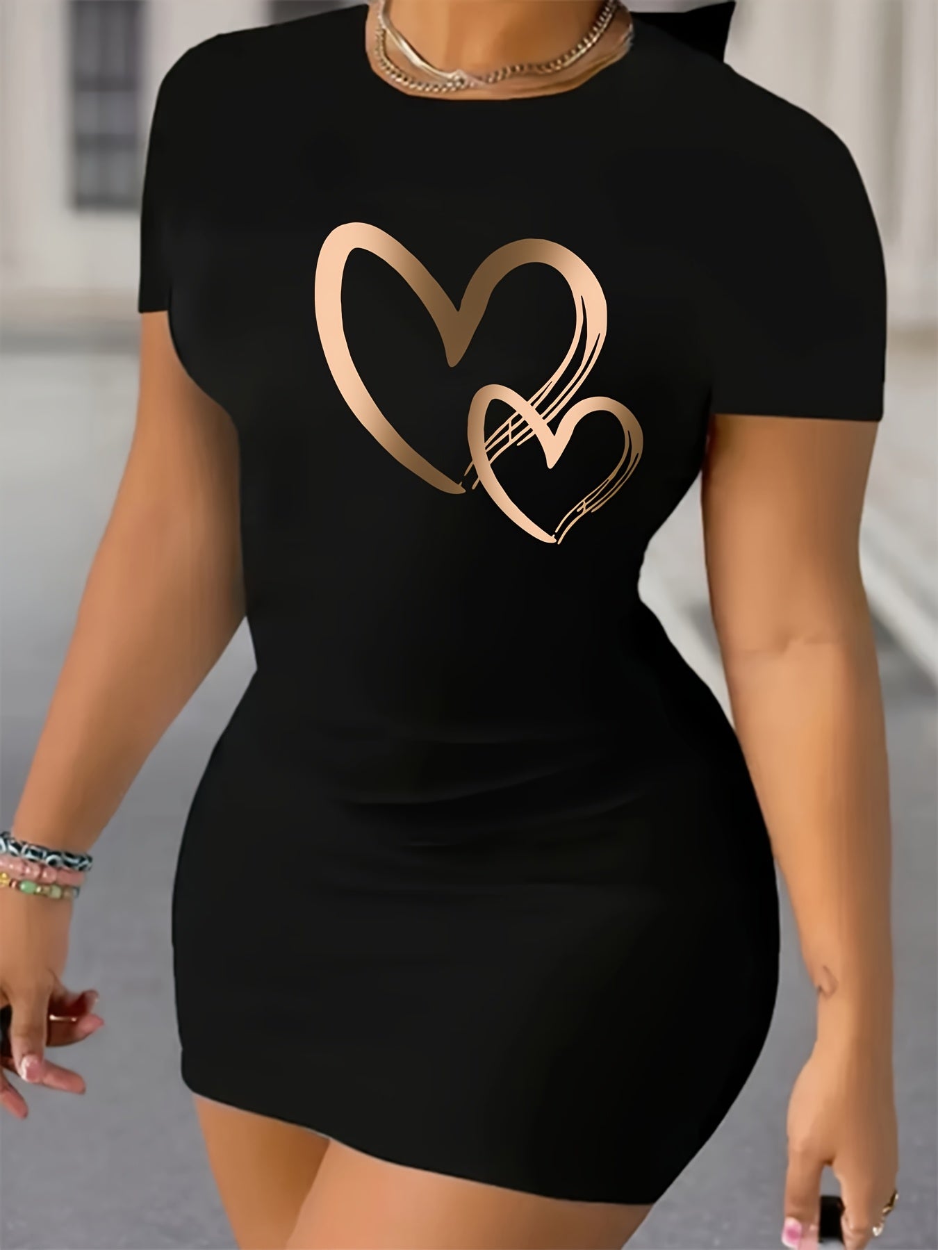 Women's Sporty Geometric Heart Print Dress - Stretchy Round Neck Short Sleeve, Machine Washable All - Season Casual & Athletic Wear, Easy Maintenance Clothing, Comfortable Fit - GoDiscount