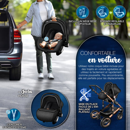 KIDUKU® 3 in 1 complete set XXL, sports seat and car seat, solid rubber tires, diaper bag and accessories, ECE R129 standard