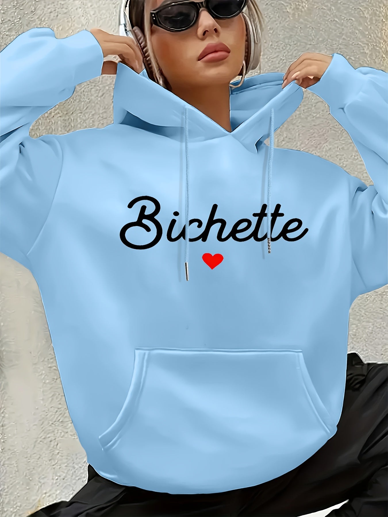 Women'S Chic Brown Hoodie with "Bichette" Print and Red Heart Design - Cozy Long Sleeve Pullover with Kangaroo Pocket, Perfect for Casual Fall/Winter Wear, Casual Wear Hoodie | Chic Casual Style | Polyester Hoodie - GoDiscount