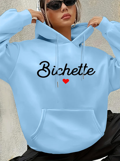 Women'S Chic Brown Hoodie with "Bichette" Print and Red Heart Design - Cozy Long Sleeve Pullover with Kangaroo Pocket, Perfect for Casual Fall/Winter Wear, Casual Wear Hoodie | Chic Casual Style | Polyester Hoodie - GoDiscount