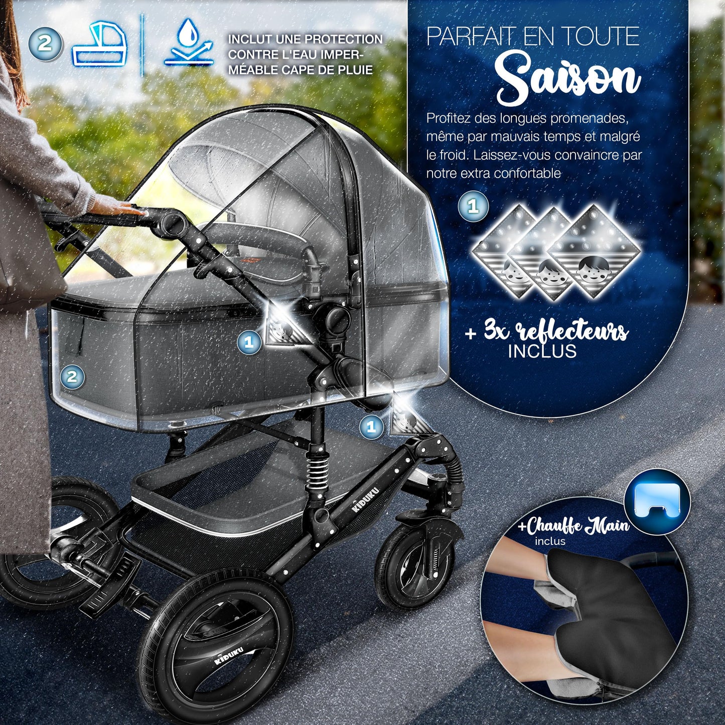 KIDUKU® 3 in 1 complete set XXL, sports seat and car seat, solid rubber tires, diaper bag and accessories, ECE R129 standard