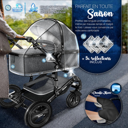 KIDUKU® 3 in 1 complete set XXL, sports seat and car seat, solid rubber tires, diaper bag and accessories, ECE R129 standard