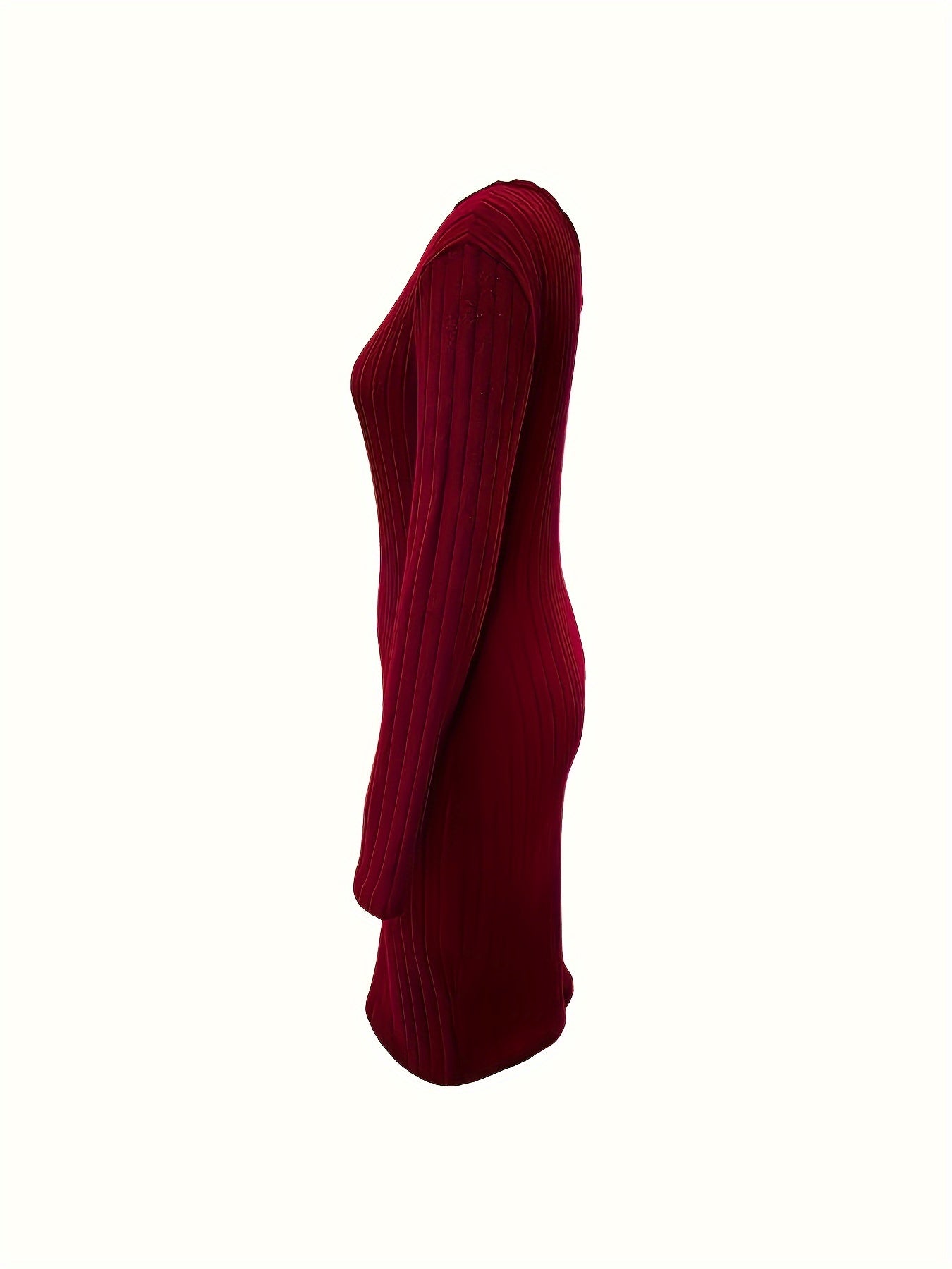 Women's Elegant Off - Shoulder Bodycon Dress - High Elasticity Stretch Fabric, Mid - Length Long Sleeve, Deep Red Solid Color, Machine Washable for Fall/Winter - GoDiscount