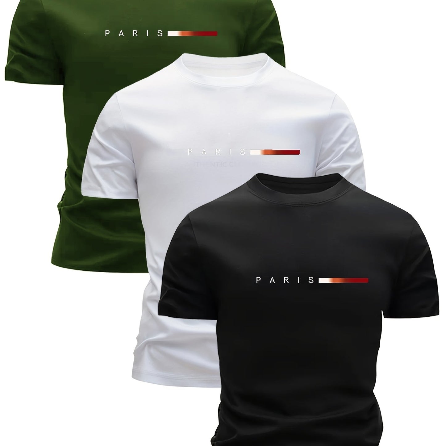 3pcs Men'S Lightweight Breathable T-Shirts - Quick - Dry Moisture - Wicking Round Neck Tops with Paris Print, All - Season Casual & Formal Wear, Sweat - Resistant - GoDiscount