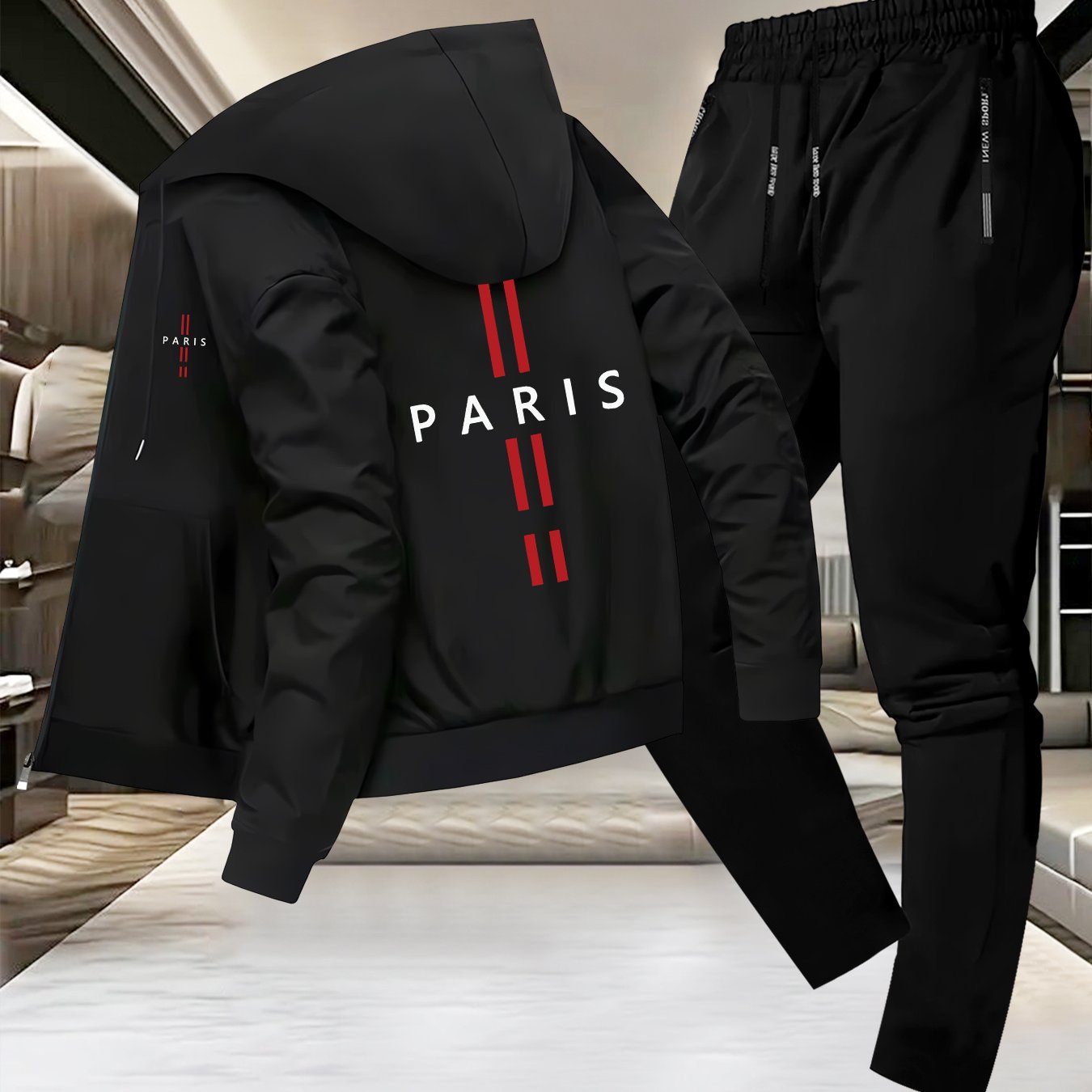 Men'S Trendy Fall/Winter Hooded Jacket and Pants Set, Paris Letter Print Casual Business Suit, Youth Sports Baseball Uniform, Slim Fit with Pockets, Long Sleeve, Stand Collar, Casual Attire| Paris Print Jacket| Functional Poc - GoDiscount