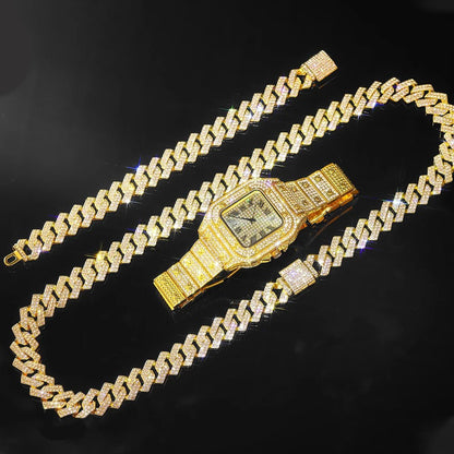 Gold Color Cuban Chain Watch for Men,Hip Hop Miami Curb,Iced Out Paved Rhinestones,Bling Rapper Necklace, Watch+Bracelet Jewelry - GoDiscount