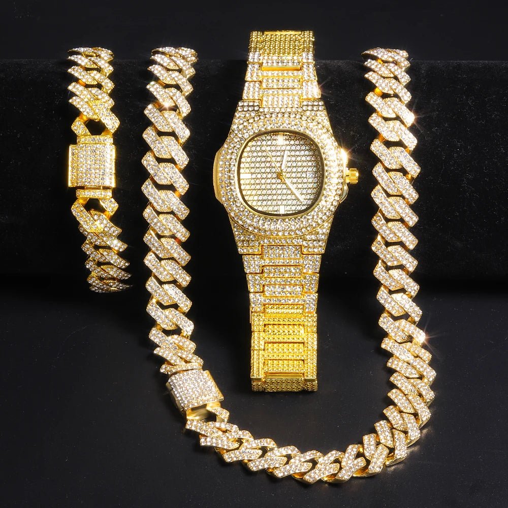 Gold Color Cuban Chain Watch for Men,Hip Hop Miami Curb,Iced Out Paved Rhinestones,Bling Rapper Necklace, Watch+Bracelet Jewelry - GoDiscount