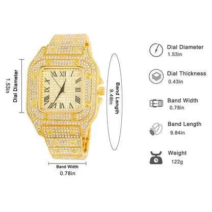 Gold Color Cuban Chain Watch for Men,Hip Hop Miami Curb,Iced Out Paved Rhinestones,Bling Rapper Necklace, Watch+Bracelet Jewelry - GoDiscount