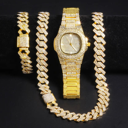 Gold Color Cuban Chain Watch for Men,Hip Hop Miami Curb,Iced Out Paved Rhinestones,Bling Rapper Necklace, Watch+Bracelet Jewelry - GoDiscount