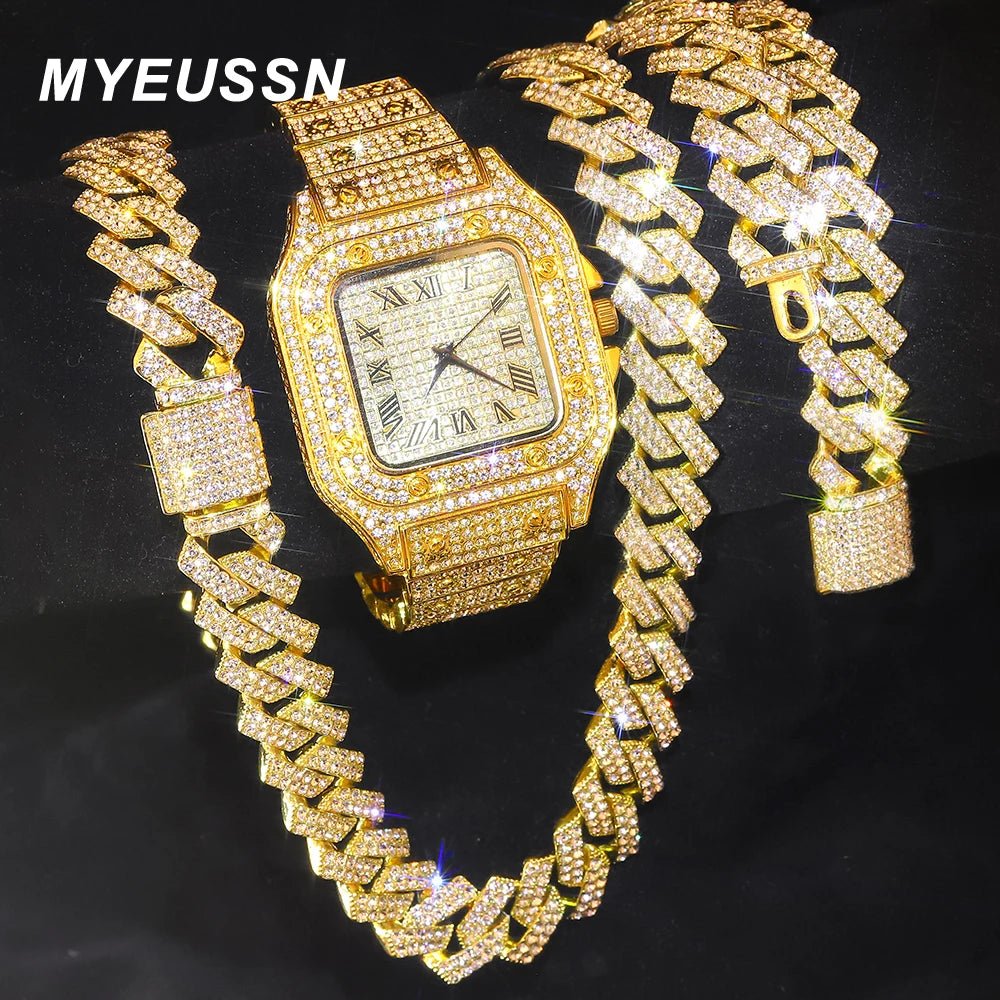 Gold Color Cuban Chain Watch for Men,Hip Hop Miami Curb,Iced Out Paved Rhinestones,Bling Rapper Necklace, Watch+Bracelet Jewelry - GoDiscount