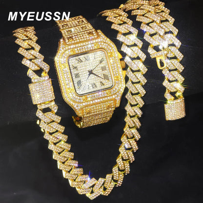 Gold Color Cuban Chain Watch for Men,Hip Hop Miami Curb,Iced Out Paved Rhinestones,Bling Rapper Necklace, Watch+Bracelet Jewelry - GoDiscount