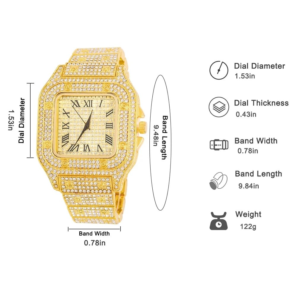 Gold Color Cuban Chain Watch for Men,Hip Hop Miami Curb,Iced Out Paved Rhinestones,Bling Rapper Necklace, Watch+Bracelet Jewelry - GoDiscount