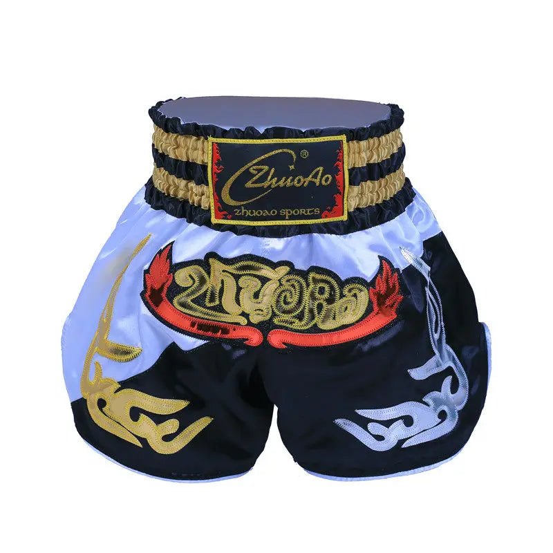⭐ Short Muay Thai Homme – Brodé, Sport Fitness, Kickboxing & MMA | Modèle Unisexe Enfant & Adulte – Trunks Personnalisables Noir - GoDiscount