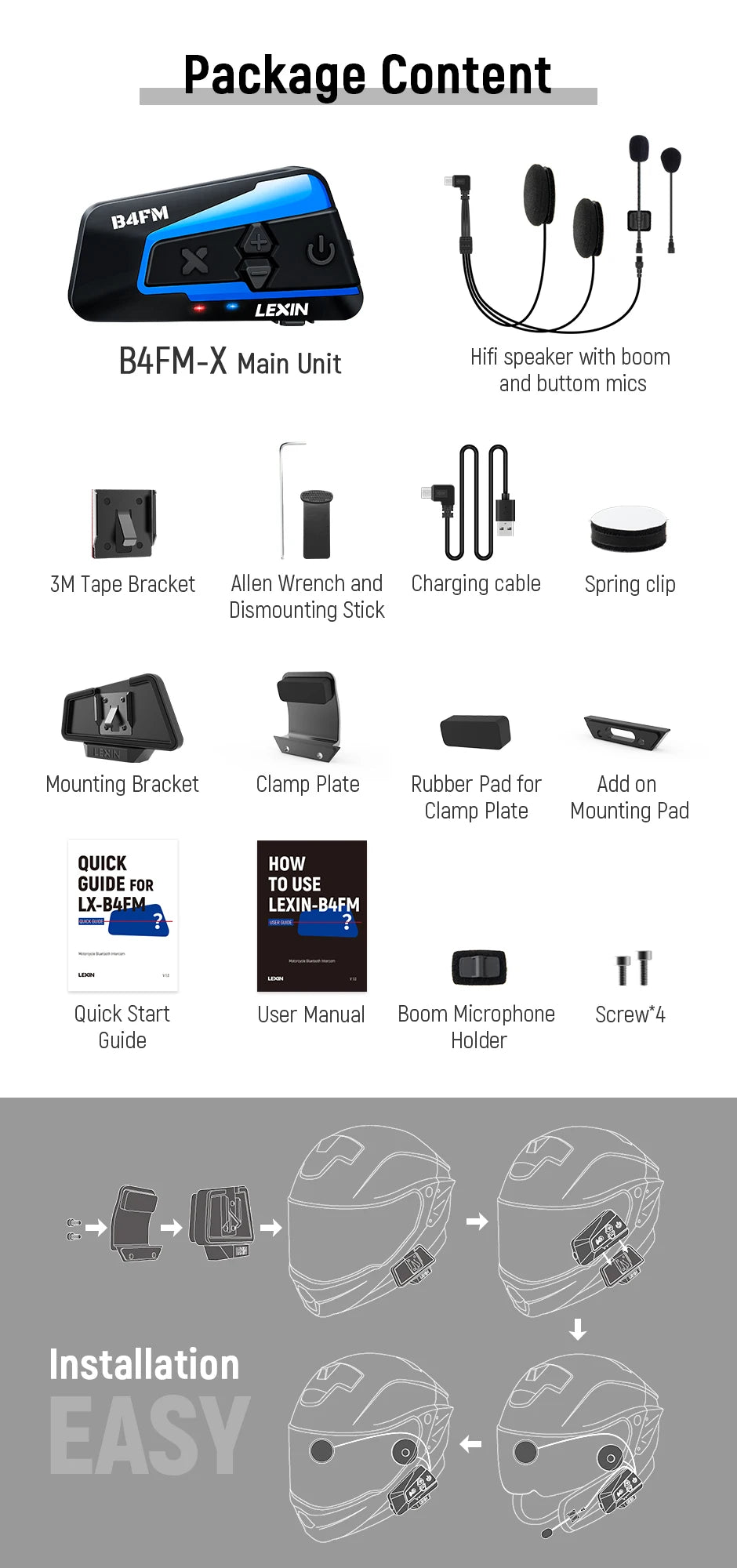 🎶💨 Intercom Moto Bluetooth Lexin B4FM - X – 10 Riders, Partage de Musique, Communication Sans Fil Type - C - GoDiscount