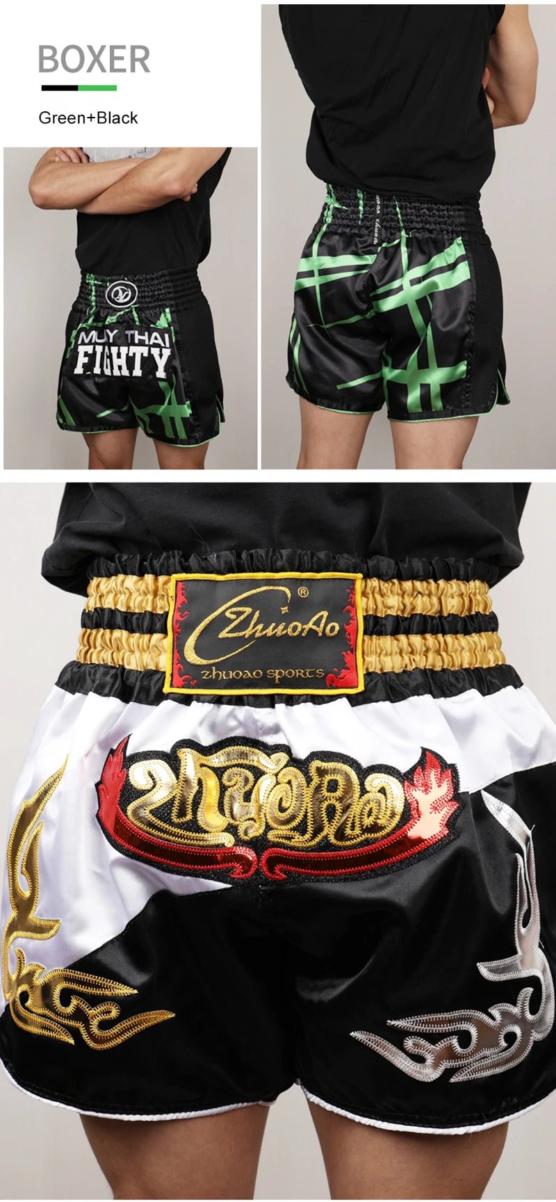 ⭐ Short Muay Thai Homme – Brodé, Sport Fitness, Kickboxing & MMA | Modèle Unisexe Enfant & Adulte – Trunks Personnalisables Noir - GoDiscount