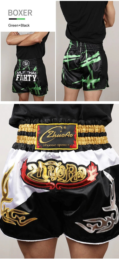 ⭐ Short Muay Thai Homme – Brodé, Sport Fitness, Kickboxing & MMA | Modèle Unisexe Enfant & Adulte – Trunks Personnalisables Noir - GoDiscount