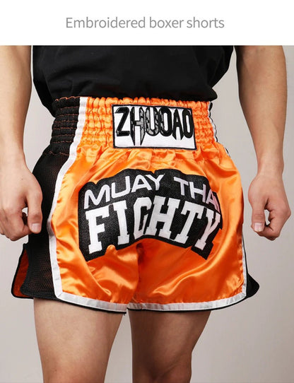 ⭐ Short Muay Thai Homme – Brodé, Sport Fitness, Kickboxing & MMA | Modèle Unisexe Enfant & Adulte – Trunks Personnalisables Noir - GoDiscount