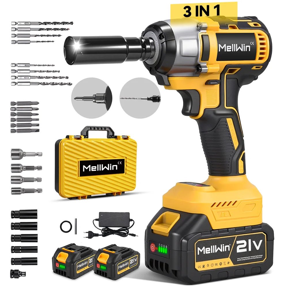 MELLWIN 800W Brushless Electric Wrench Set 3 - IN - 1 Cordless Electirc Drill/Screwdriver/Impact Wrench For Makita 18V Battery Pin - GoDiscount