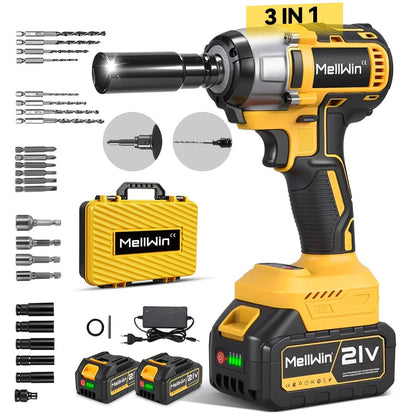 MELLWIN 800W Brushless Electric Wrench Set 3 - IN - 1 Cordless Electirc Drill/Screwdriver/Impact Wrench For Makita 18V Battery Pin - GoDiscount